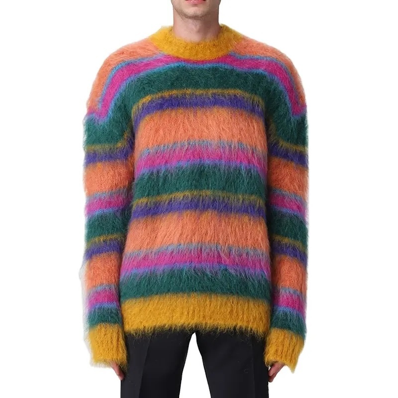 Custom Men's Multicolor Striped Mohair Sweater – Vibrant Style and Luxurious Comfort | OEM & ODM Knitwear Manufacturer