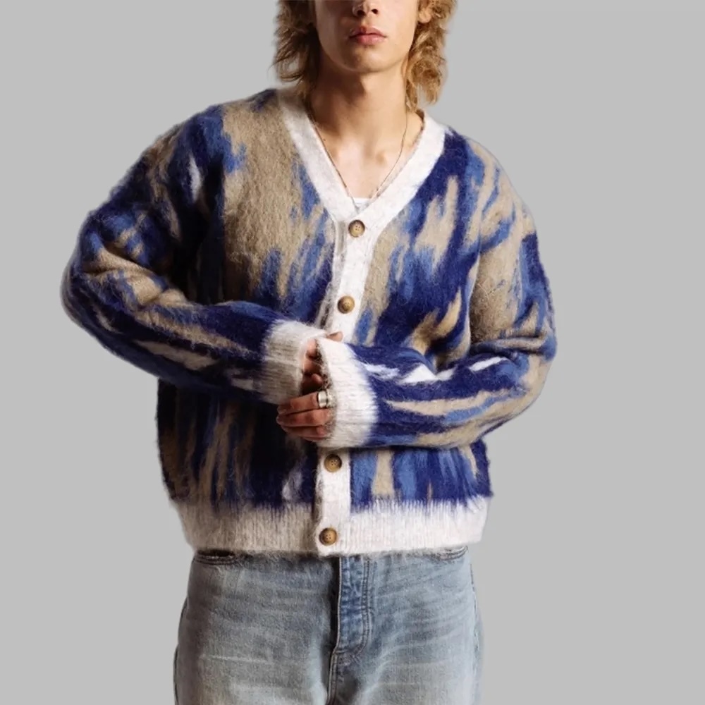 Custom Men's Abstract Cardigan – Bold Design and Cozy Comfort | OEM & ODM Knitwear Manufacturer