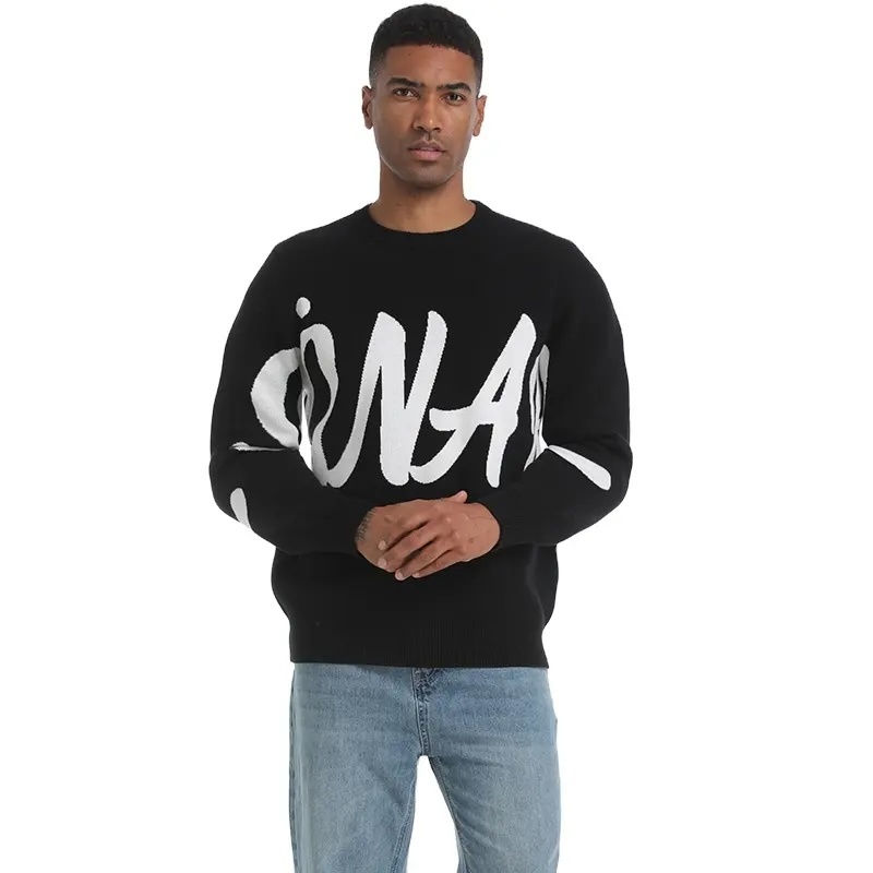 Custom Unisex Oversized Black Sweater with Bold Lettering – Minimalist Statement Style | OEM & ODM Knitwear Manufacturer