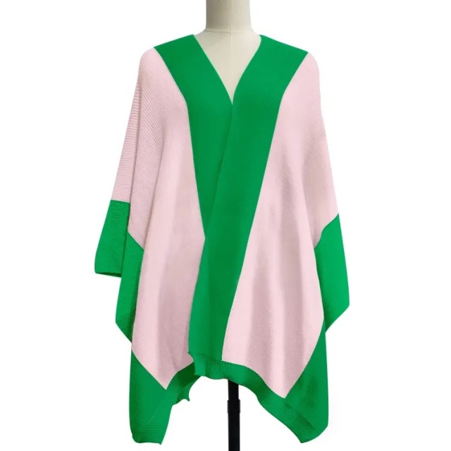 Customizable Color-Block Knit Poncho – Pink, White, and Green | OEM & ODM Knitwear Manufacturer