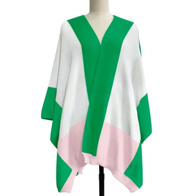 Customizable Color-Block Knit Poncho – Pink, White, and Green | OEM & ODM Knitwear Manufacturer