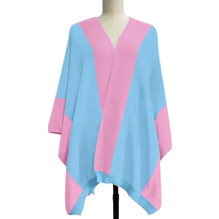 Customizable Color-Block Knit Poncho – Pink, White, and Green | OEM & ODM Knitwear Manufacturer