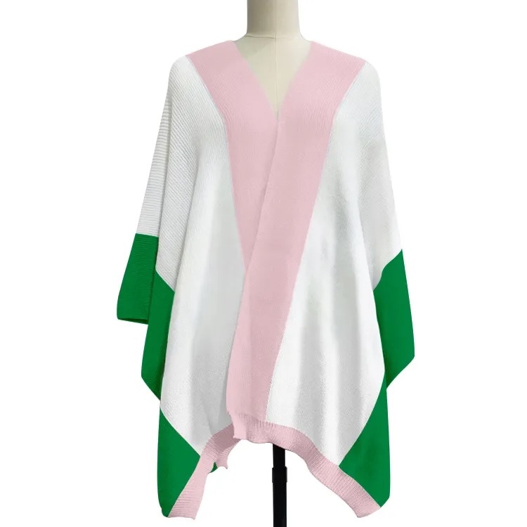 Customizable Color-Block Knit Poncho – Pink, White, and Green | OEM & ODM Knitwear Manufacturer