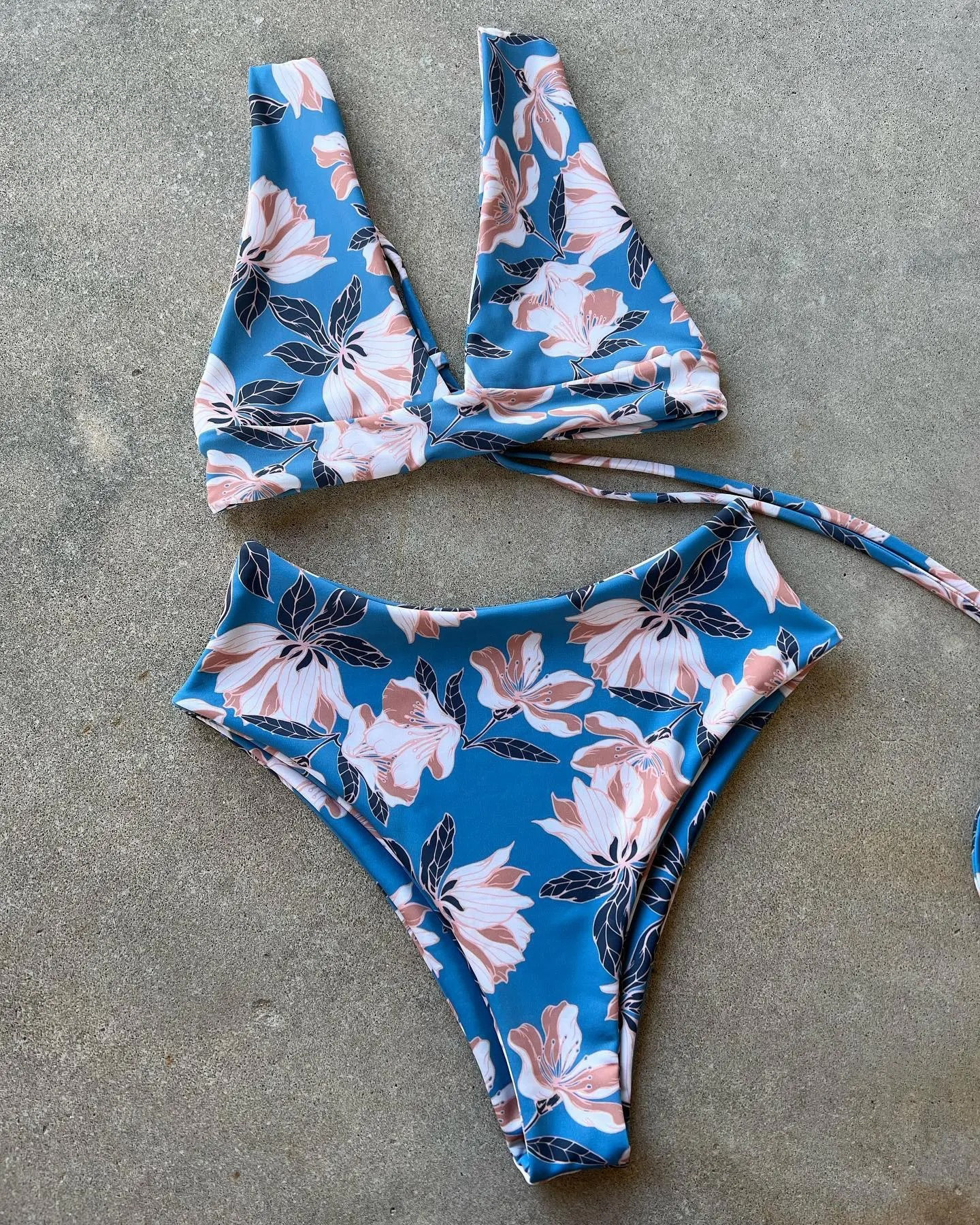 OEM & ODM Floral High-Waisted Bikini Set – Blue Blossom | Custom Swimwear Manufacturer