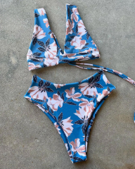 OEM & ODM Floral High-Waisted Bikini Set – Blue Blossom | Custom Swimwear Manufacturer