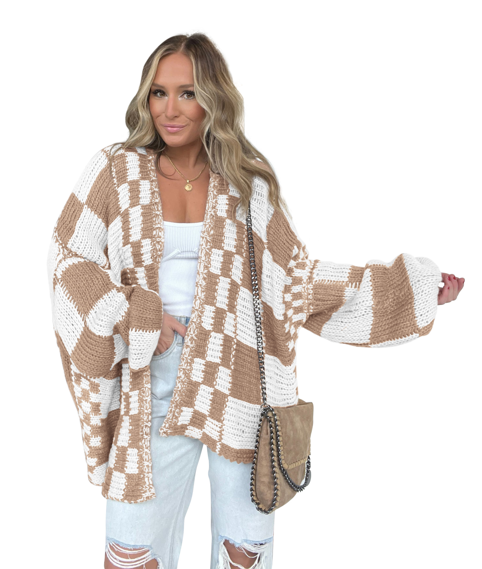 Customizable Black and White Checkered Knit Cardigan – Wholesale Manufacturer of Contemporary Knitwear