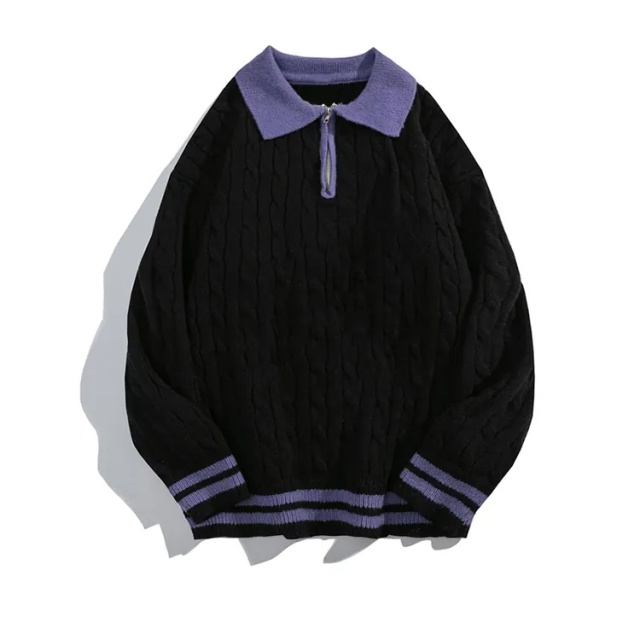 Customizable Retro Cable-Knit Sweater with Contrast Collar – Timeless, Warm, and Stylish
