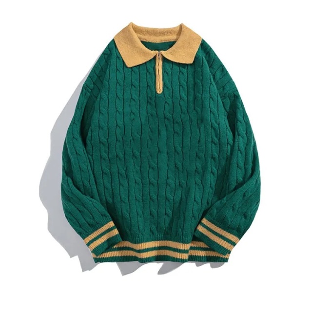 Customizable Retro Cable-Knit Sweater with Contrast Collar – Timeless, Warm, and Stylish