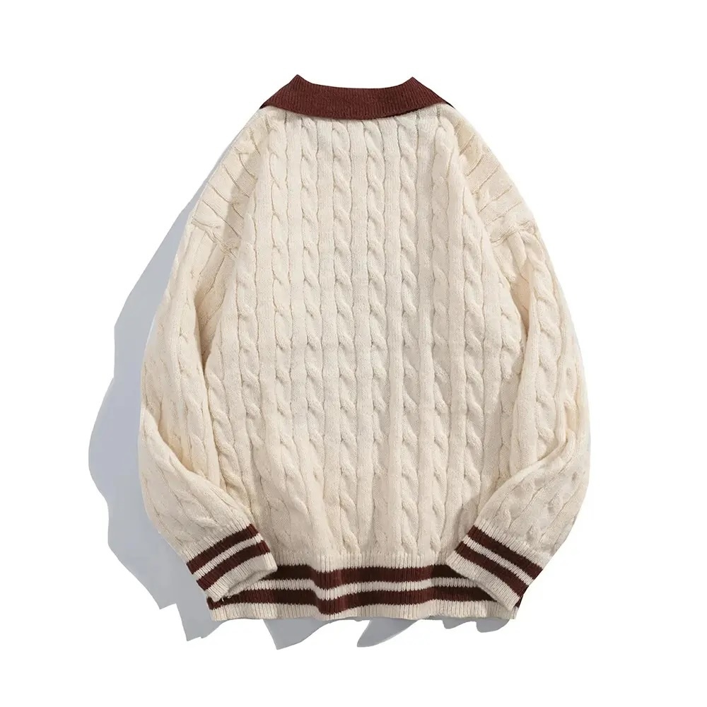 Customizable Retro Cable-Knit Sweater with Contrast Collar – Timeless, Warm, and Stylish