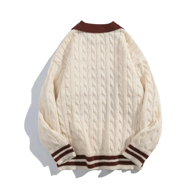 Customizable Retro Cable-Knit Sweater with Contrast Collar – Timeless, Warm, and Stylish