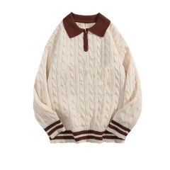 Customizable Retro Cable-Knit Sweater with Contrast Collar – Timeless, Warm, and Stylish