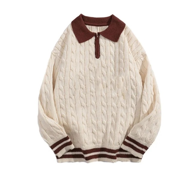 Customizable Retro Cable-Knit Sweater with Contrast Collar – Timeless, Warm, and Stylish