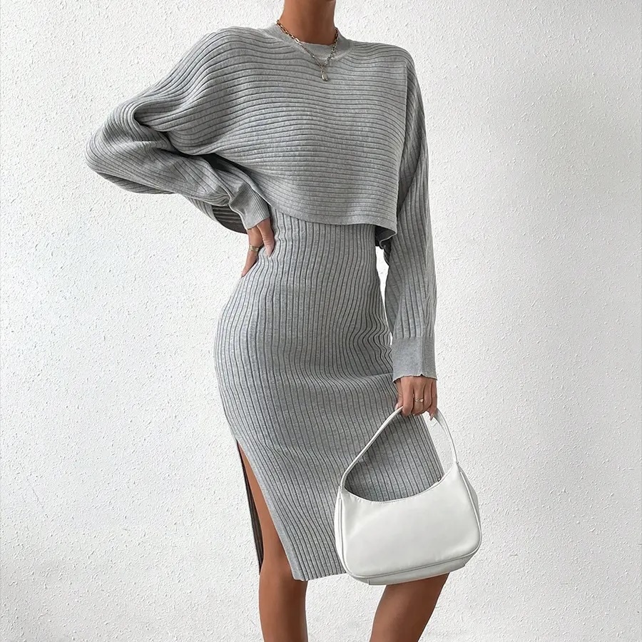 Tailor-Made Gray Ribbed Knit Two-Piece Set – Chic, Comfortable, and Versatile