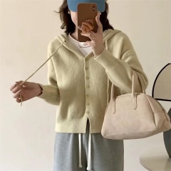 Customizable Cozy Pink Knitted Hoodie Cardigan for Women | Wholesale & Bulk Orders | Premium Knitwear