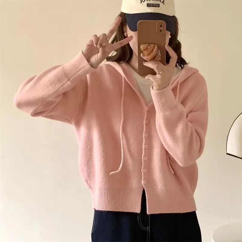 Customizable Cozy Pink Knitted Hoodie Cardigan for Women | Wholesale & Bulk Orders | Premium Knitwear