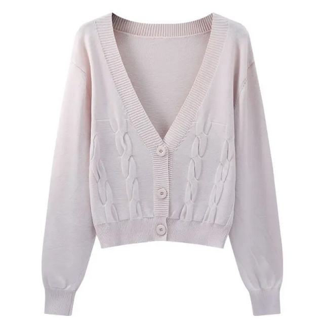 Customizable Women's V-Neck Cable-Knit Cardigan | Available in Beige, Purple, and Red | Wholesale & Bulk Orders