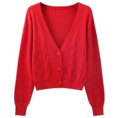 Customizable Women's V-Neck Cable-Knit Cardigan | Available in Beige, Purple, and Red | Wholesale & Bulk Orders
