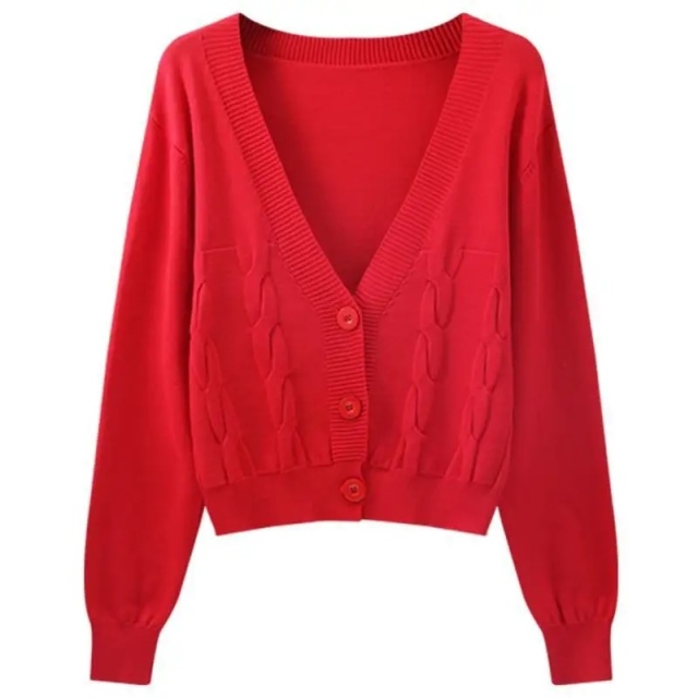 Customizable Women's V-Neck Cable-Knit Cardigan | Available in Beige, Purple, and Red | Wholesale & Bulk Orders