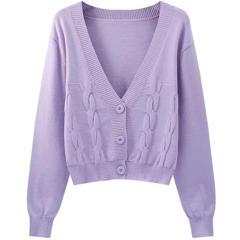 Customizable Women's V-Neck Cable-Knit Cardigan | Available in Beige, Purple, and Red | Wholesale & Bulk Orders