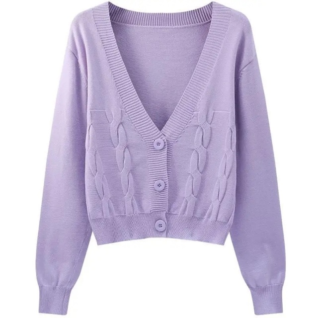 Customizable Women's V-Neck Cable-Knit Cardigan | Available in Beige, Purple, and Red | Wholesale & Bulk Orders