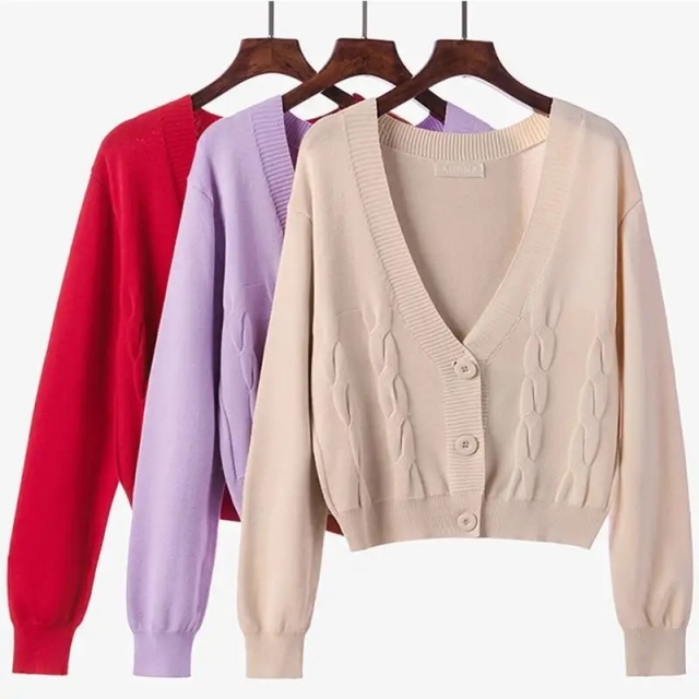 Customizable Women's V-Neck Cable-Knit Cardigan | Available in Beige, Purple, and Red | Wholesale & Bulk Orders