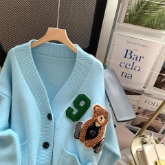 Customizable Oversized Light Blue Cardigan with Teddy Bear Patch and Number Embellishment | Wholesale & Bulk Orders | Premium Knitwear