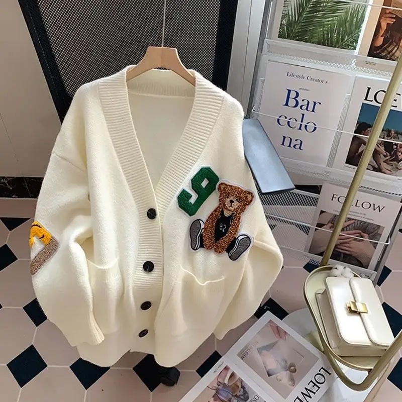 Customizable Oversized Light Blue Cardigan with Teddy Bear Patch and Number Embellishment | Wholesale & Bulk Orders | Premium Knitwear
