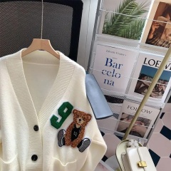Customizable Oversized Light Blue Cardigan with Teddy Bear Patch and Number Embellishment | Wholesale & Bulk Orders | Premium Knitwear