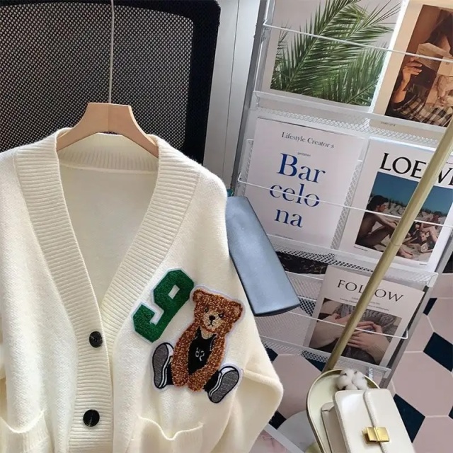 Customizable Oversized Light Blue Cardigan with Teddy Bear Patch and Number Embellishment | Wholesale & Bulk Orders | Premium Knitwear