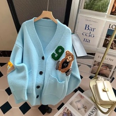 Customizable Oversized Light Blue Cardigan with Teddy Bear Patch and Number Embellishment | Wholesale & Bulk Orders | Premium Knitwear