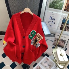 Customizable Oversized Light Blue Cardigan with Teddy Bear Patch and Number Embellishment | Wholesale & Bulk Orders | Premium Knitwear