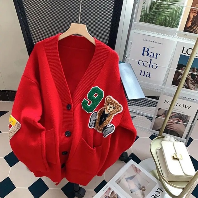 Customizable Oversized Light Blue Cardigan with Teddy Bear Patch and Number Embellishment | Wholesale & Bulk Orders | Premium Knitwear