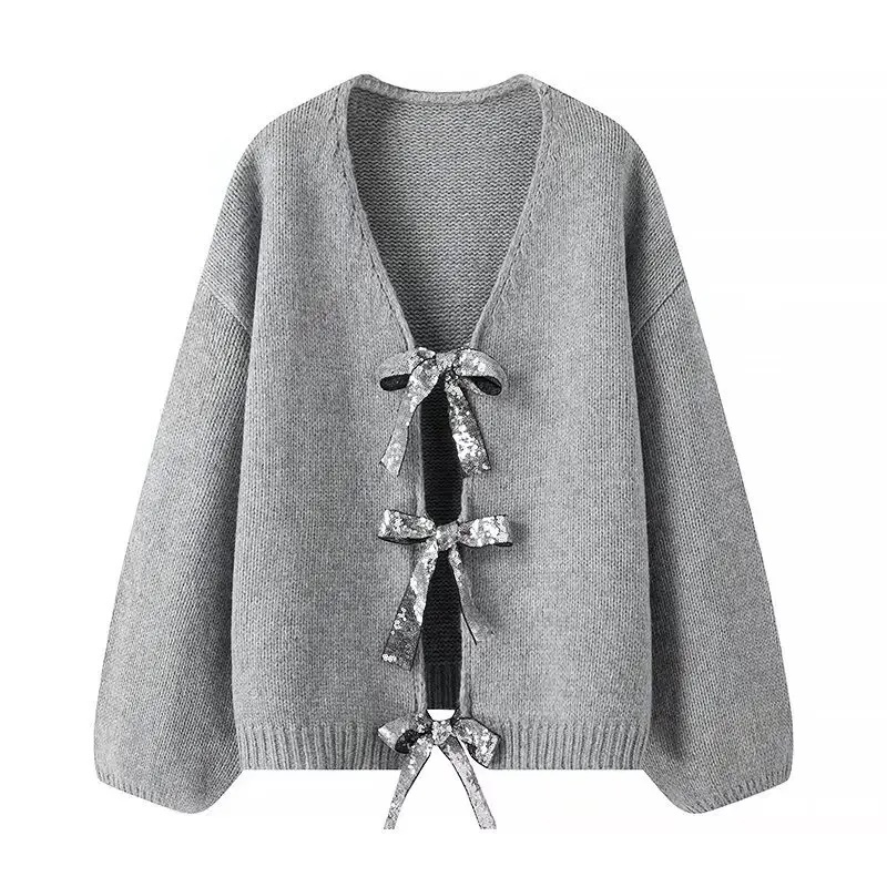 Customizable Bow-Tie Open-Front Cardigan for Women | Personalized Gray and Black Knitwear | Wholesale & Bulk Orders