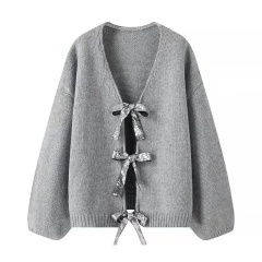 Customizable Bow-Tie Open-Front Cardigan for Women | Personalized Gray and Black Knitwear | Wholesale & Bulk Orders