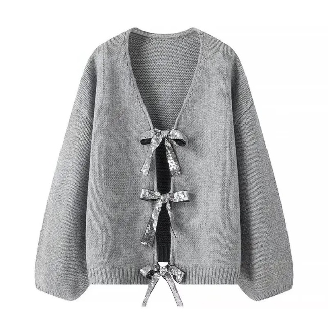 Customizable Bow-Tie Open-Front Cardigan for Women | Personalized Gray and Black Knitwear | Wholesale & Bulk Orders