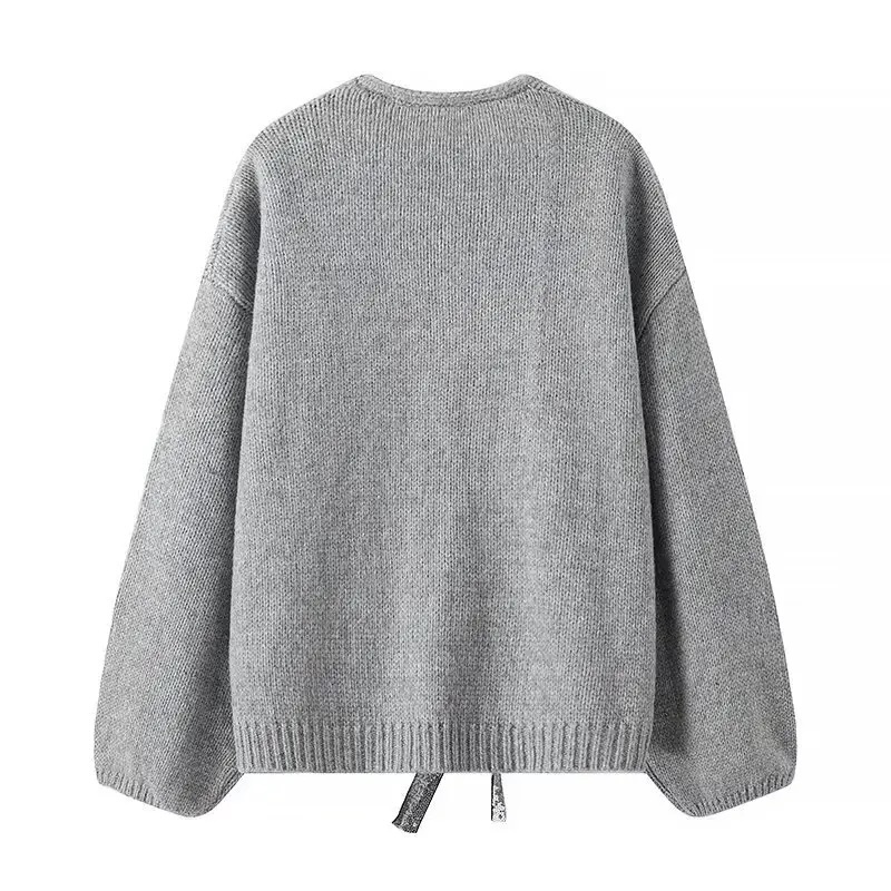 Customizable Bow-Tie Open-Front Cardigan for Women | Personalized Gray and Black Knitwear | Wholesale & Bulk Orders