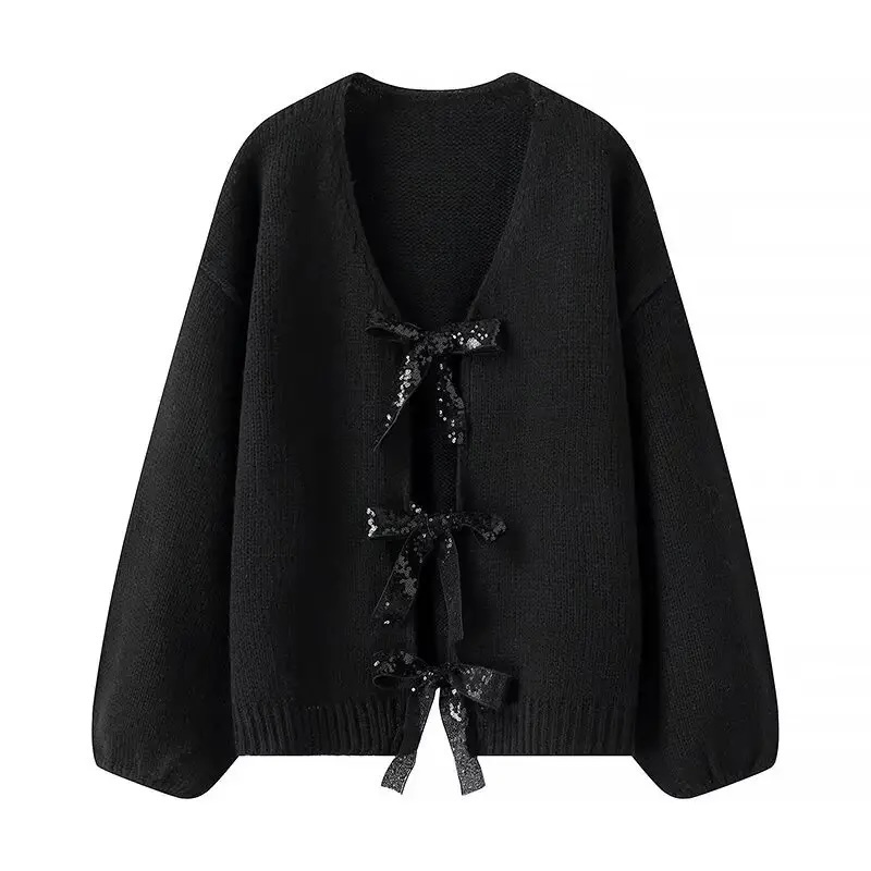 Customizable Bow-Tie Open-Front Cardigan for Women | Personalized Gray and Black Knitwear | Wholesale & Bulk Orders