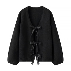 Customizable Bow-Tie Open-Front Cardigan for Women | Personalized Gray and Black Knitwear | Wholesale & Bulk Orders