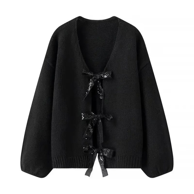 Customizable Bow-Tie Open-Front Cardigan for Women | Personalized Gray and Black Knitwear | Wholesale & Bulk Orders