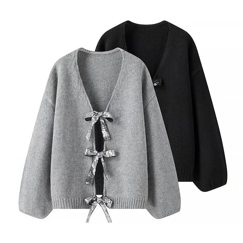 Customizable Bow-Tie Open-Front Cardigan for Women | Personalized Gray and Black Knitwear | Wholesale & Bulk Orders