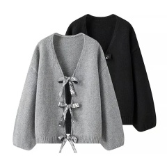 Customizable Bow-Tie Open-Front Cardigan for Women | Personalized Gray and Black Knitwear | Wholesale & Bulk Orders