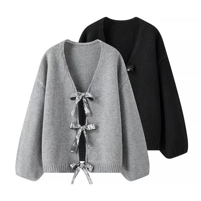 Customizable Bow-Tie Open-Front Cardigan for Women | Personalized Gray and Black Knitwear | Wholesale & Bulk Orders