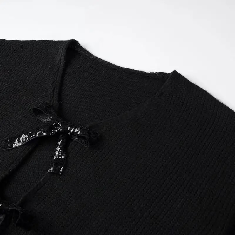 Customizable Bow-Tie Open-Front Cardigan for Women | Personalized Gray and Black Knitwear | Wholesale & Bulk Orders