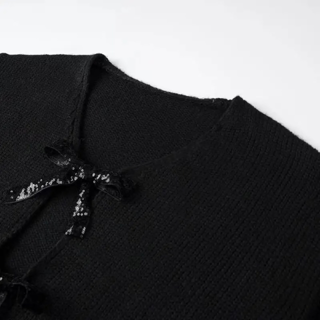 Customizable Bow-Tie Open-Front Cardigan for Women | Personalized Gray and Black Knitwear | Wholesale & Bulk Orders