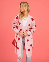 Customizable Women's Heart-Patterned Long Knit Cardigan | Made-to-Order | Wholesale & Bulk Orders Available
