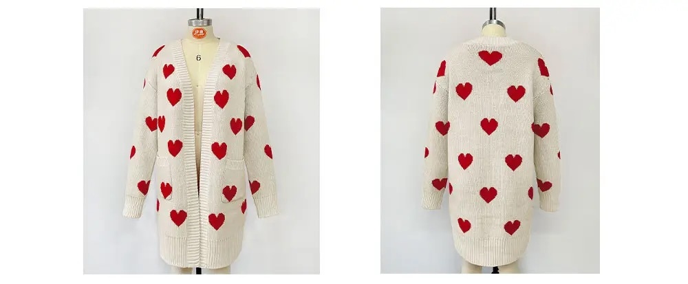 Customizable Women's Heart-Patterned Long Knit Cardigan | Made-to-Order | Wholesale & Bulk Orders Available