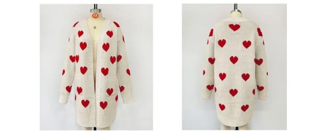Customizable Women's Heart-Patterned Long Knit Cardigan | Made-to-Order | Wholesale & Bulk Orders Available