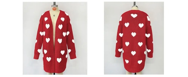 Customizable Women's Heart-Patterned Long Knit Cardigan | Made-to-Order | Wholesale & Bulk Orders Available