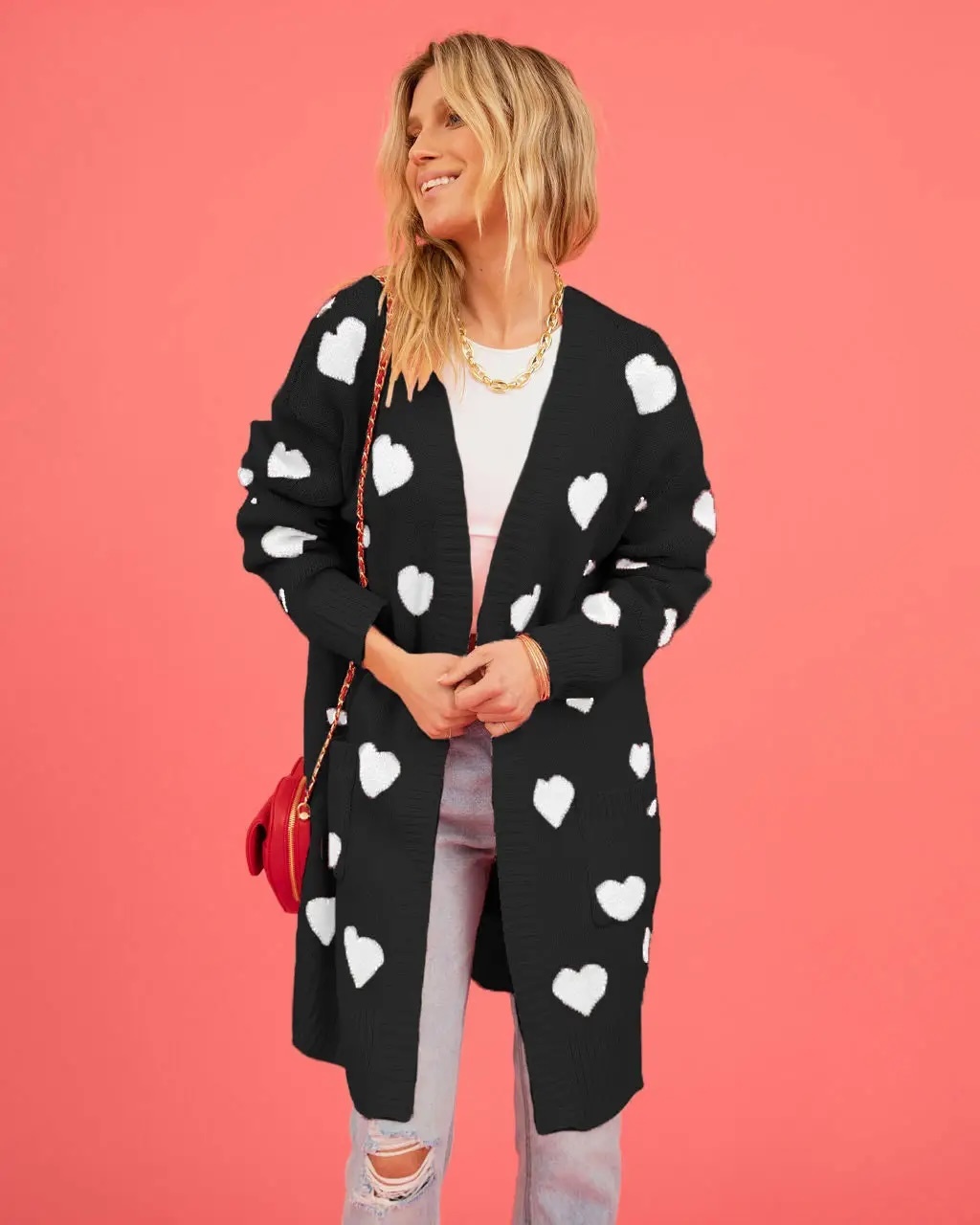 Customizable Women's Heart-Patterned Long Knit Cardigan | Made-to-Order | Wholesale & Bulk Orders Available