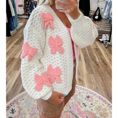 Customizable Handmade Chunky Knit Cardigan for Women with Pink Bow Accents | Wholesale & Bulk Orders | Premium Knitwear